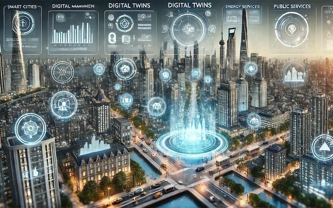 Konceptbild av en uppkopplad smart stad med 5G-symboler.
