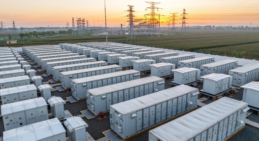 Stor batteripark med energilagringscontainrar intill elnätets kraftledningar